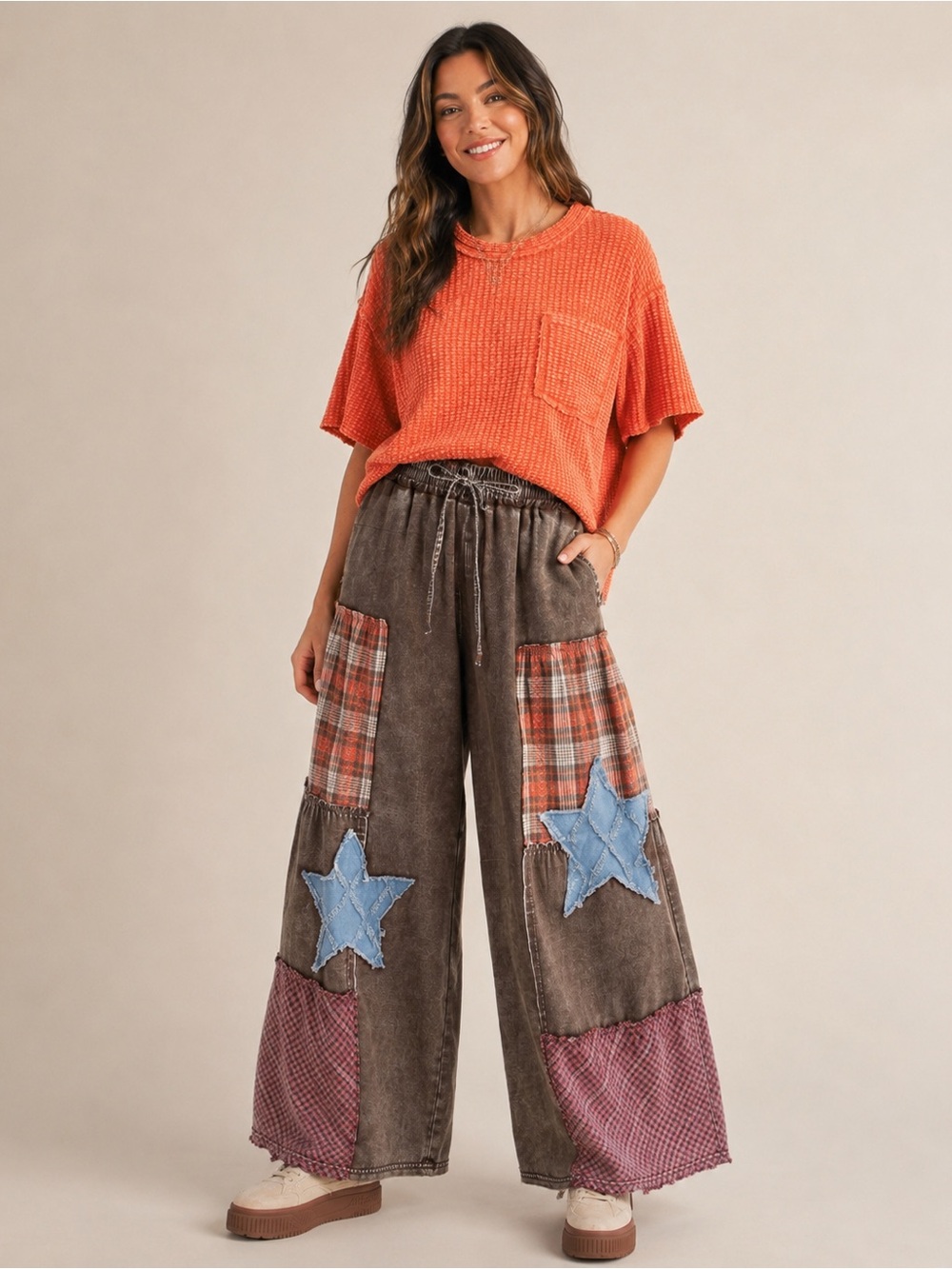 Easel Washed Waffle Knit Relaxed Pocket Top – Rust Color (have pants if avail.)